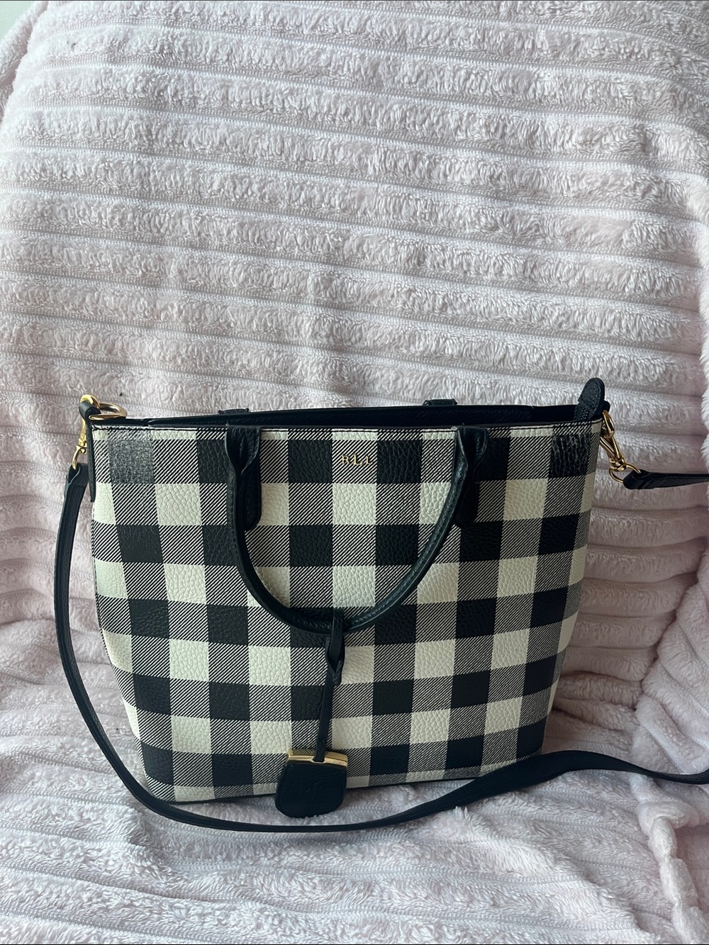 Ralph Lauren Black and White Check Tote Bag with Handles and Strap - Picture 5 of 13